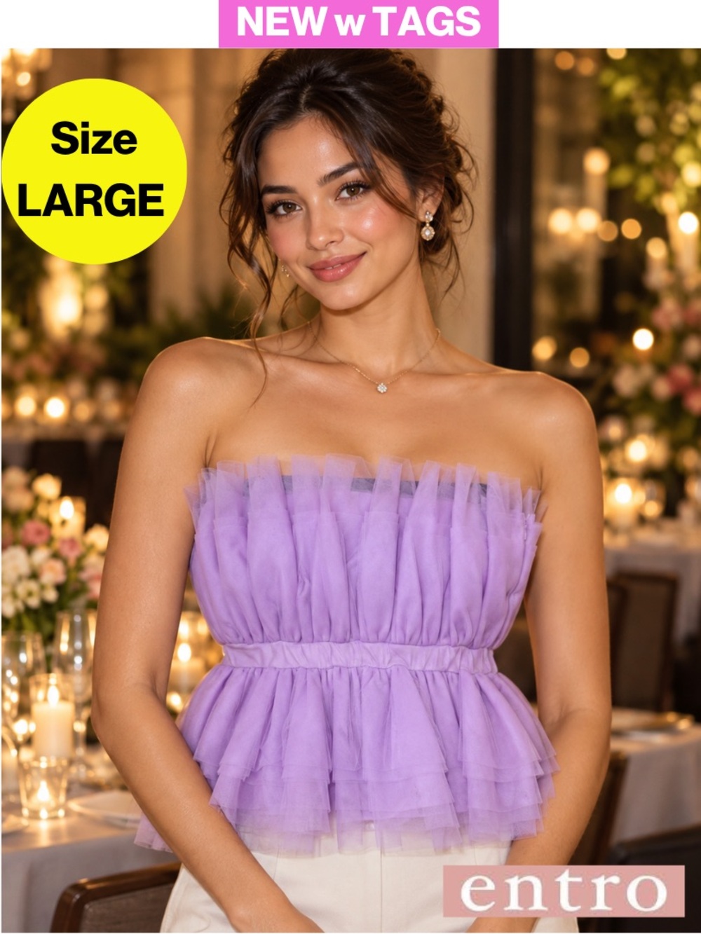 NEW w/TAGS 🏷️ ENTRO Lavender Strapless Tulle Peplum Top (Women’s Large)